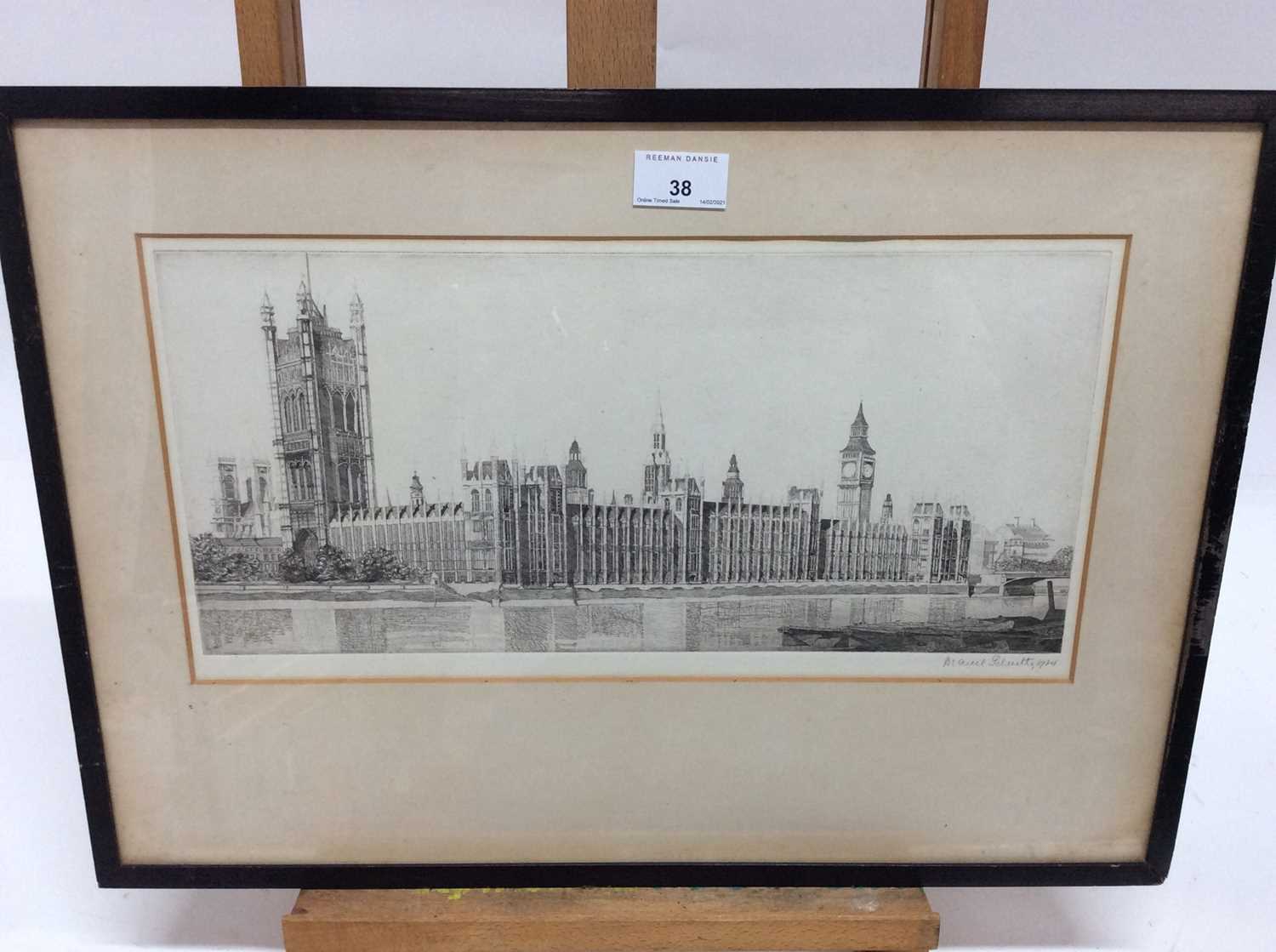 Marcel Schuette, 1930s signed black and white etching - The Palace of Westminster, dated 1934, in gl