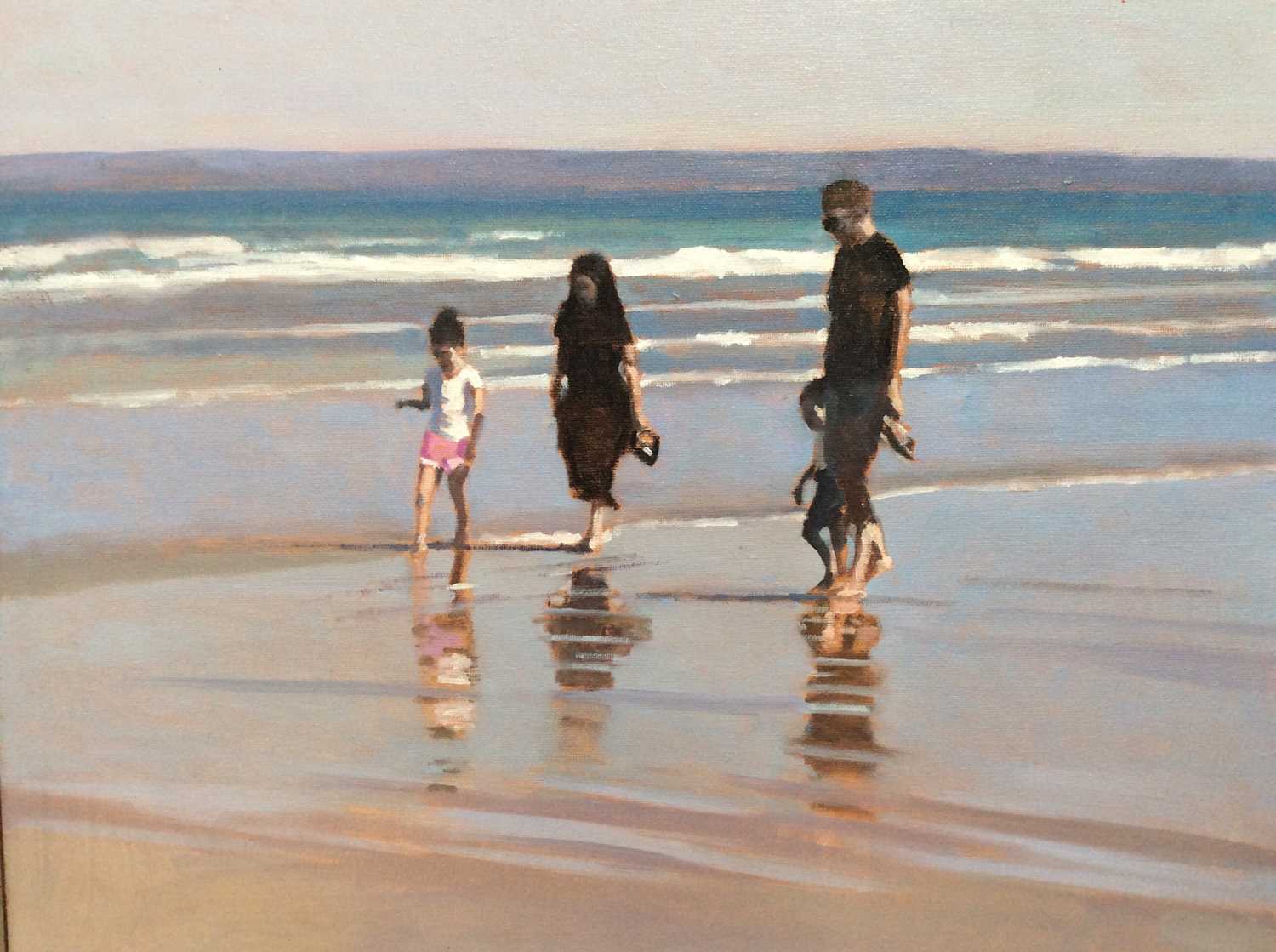 Peter Z Phillips oil on canvas- family walking along the foreshore on a sunny day, signed and dated