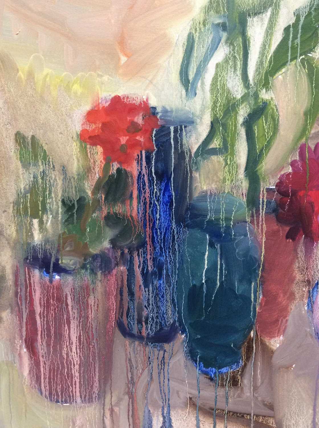 Annelise Firth (b.1961) oil on canvas - Roses and Red Geranium, signed and dated verso, 71cm x 91cm - Image 2 of 5