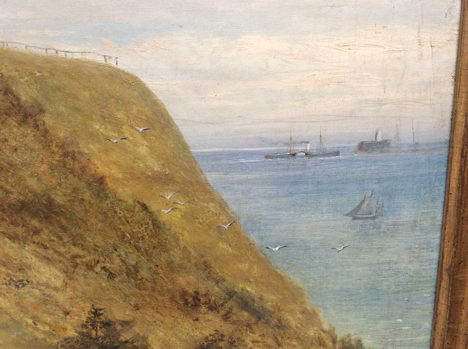 19th century, English School, oil on canvas - a coastal castle, in gilt frame, 60cm x 90cm, framed s - Image 5 of 6
