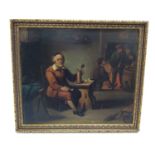 19th century Dutch School oil on metal panel- Seated man with his pipe and beer at an inn, framed, 1