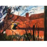 David Britton, contemporary, oil on board - Hall, Moat and Mace Reeds, Tolleshunt D'Arcy, signed, fr