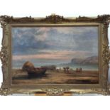 John Holland Snr. Oil on canavs- coastal scene of hay transport boats and workers on the shore