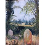 Suffolk School, contemporary, oil on board - summer landscape across a graveyard, framed