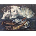 Early 20th century English School oil on board- two kittens with plate of fish, indistinctly signed,