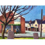 David Britton, contemporary, oil on canvas - Art Cafe, Mersea, signed, framed, 46cm x 61cm