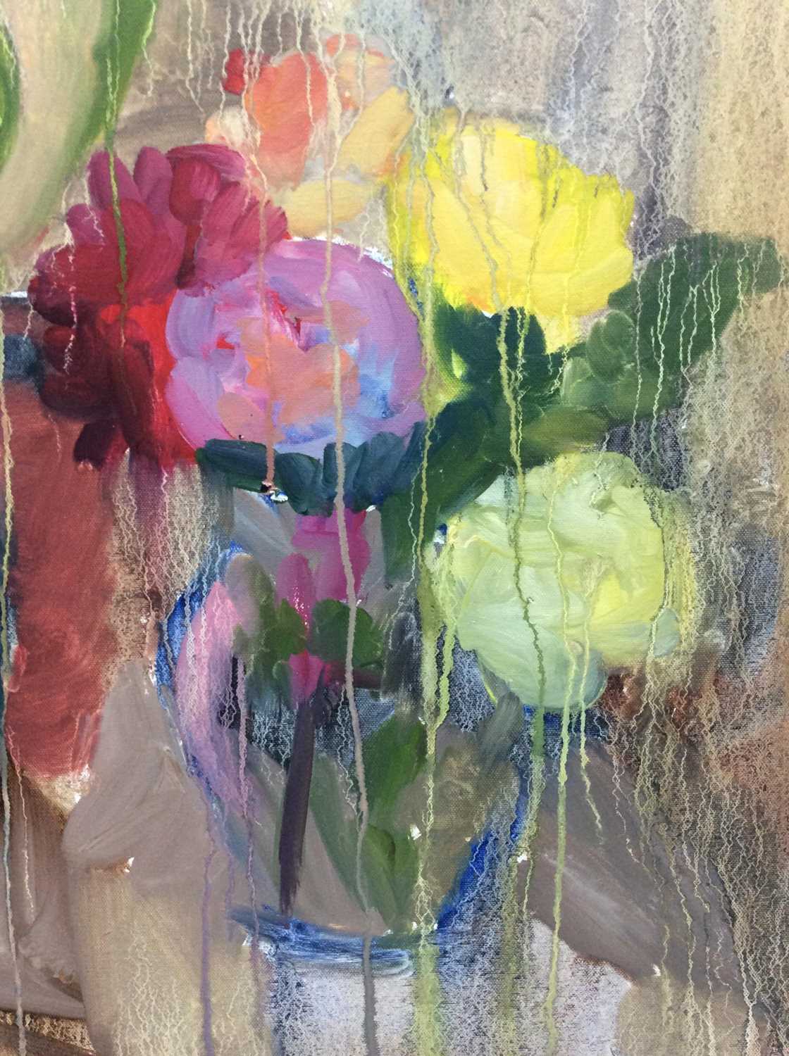 Annelise Firth (b.1961) oil on canvas - Roses and Red Geranium, signed and dated verso, 71cm x 91cm - Image 3 of 5