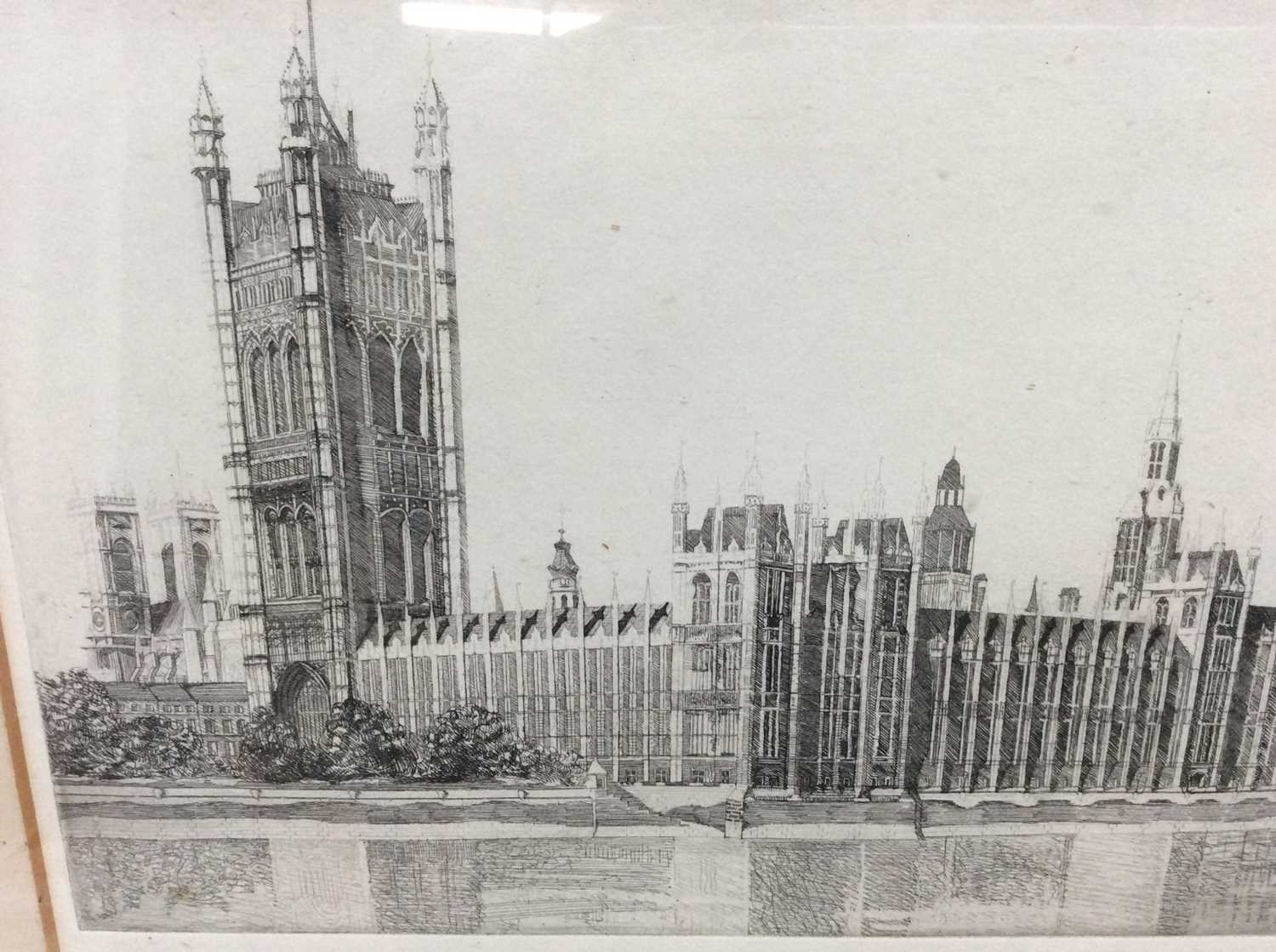 Marcel Schuette, 1930s signed black and white etching - The Palace of Westminster, dated 1934, in gl - Image 2 of 5