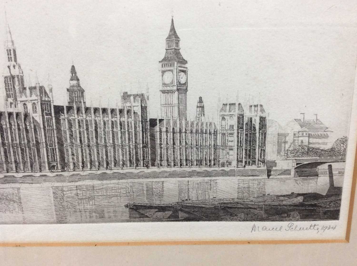 Marcel Schuette, 1930s signed black and white etching - The Palace of Westminster, dated 1934, in gl - Image 3 of 5