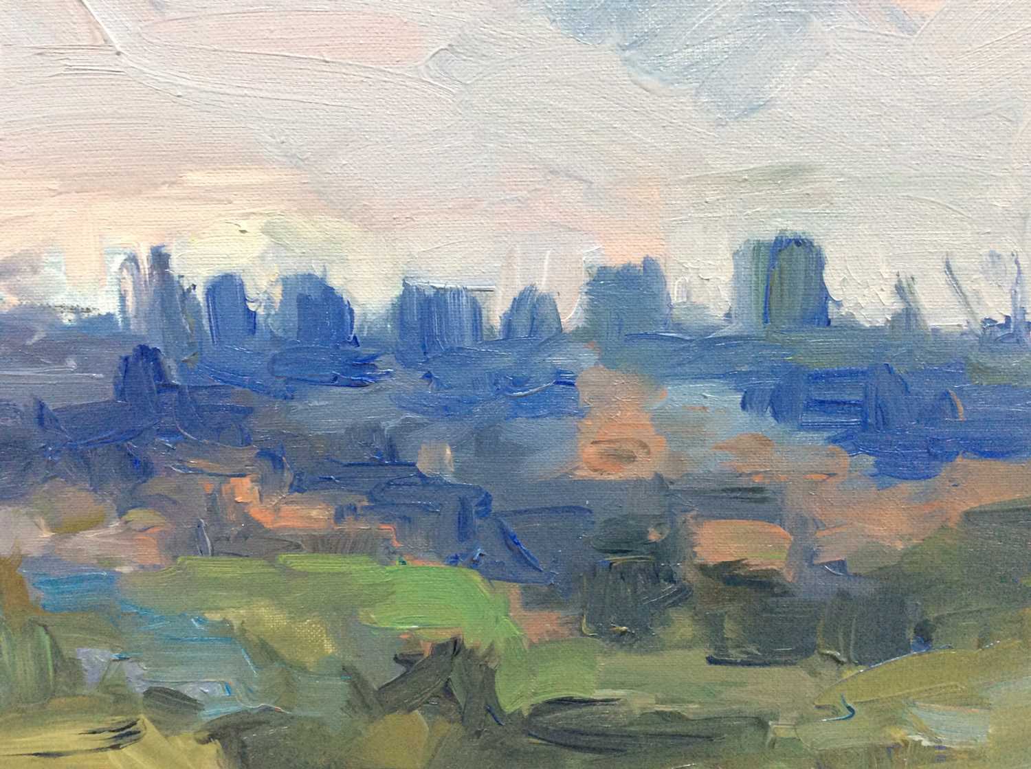 Annelise Firth (b.1961) oil on canvas - Landscape with city horizon, signed and dated verso, 40.5cm - Image 2 of 4