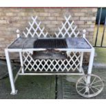 Bespoke made garden barbecue, white painted with lattice back and central grill on square section f