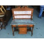 Edwardian walnut washstand with with tiled back, marble top, drawer and cupboard below 88cm wide x 1