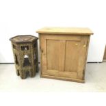 Pine enclosed cupboard together with Islamic style side table and set of four chairs with caned seat