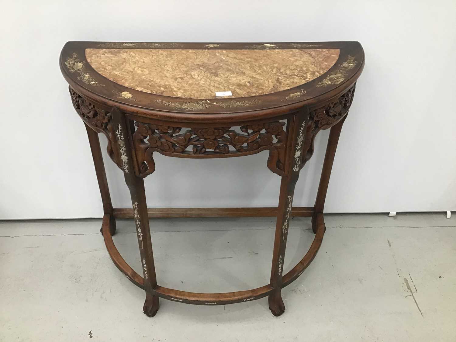 Chinese carved rosewood Demi-lune hall table with marble inlaid top and mother of pearl inlaid decor - Image 2 of 4