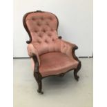Victorian spoon back chair with carved mahogany frame on cabriole legs