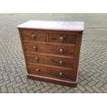 Victorian mahogany chest of two short and three long drawers with turned handles on plinth base