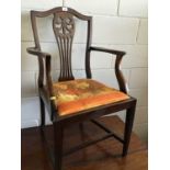 Mahogany elbow chair with pierced splat back on square tapered legs H99cm W59cm D48.5cm