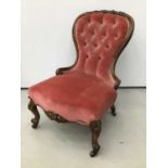 Victorian walnut framed spoon back chair, with red button upholstered back and seat, showwood frame