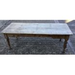 Victorian country house pine kitchen table, with scrubbed top, with drawer to each end of frieze on
