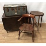 Early 20th century beech and elm captains chair, together with a 19th century drop leaf dining tabl