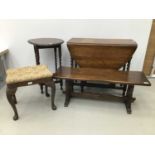 Group of furniture to include an oak bench, 107cm wide x 41cm high x 34cm deep, 1930s oak oval gatel