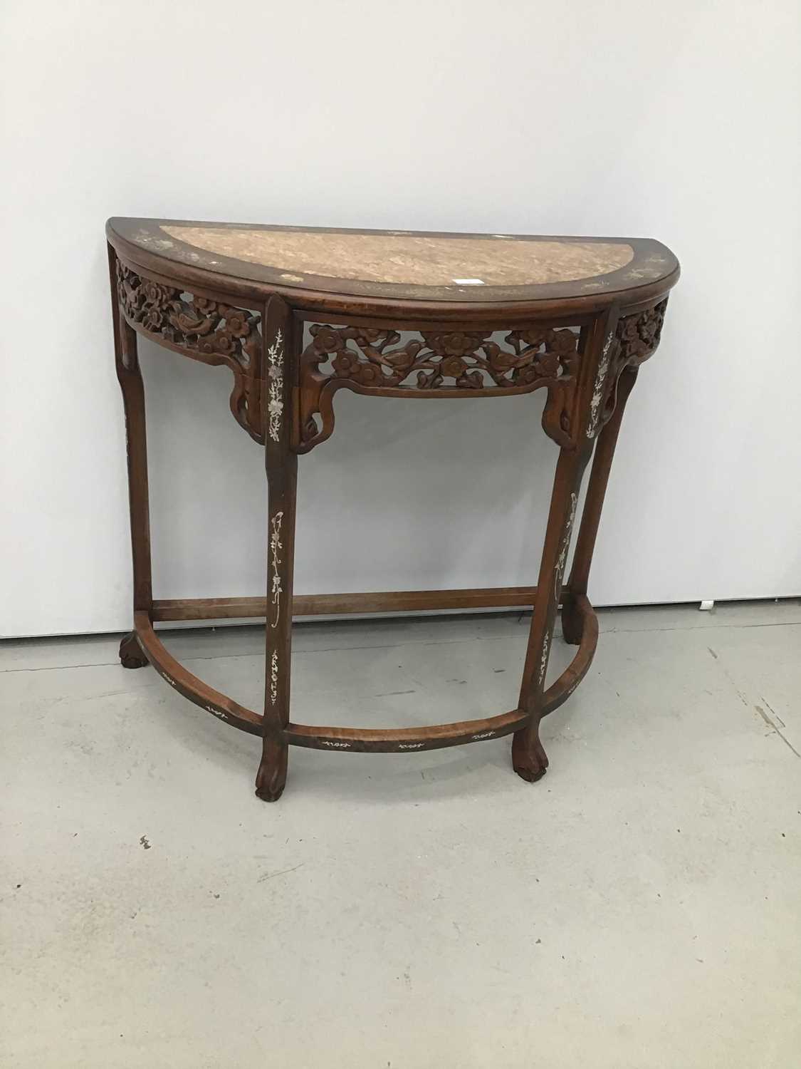 Chinese carved rosewood Demi-lune hall table with marble inlaid top and mother of pearl inlaid decor