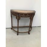 Chinese carved rosewood Demi-lune hall table with marble inlaid top and mother of pearl inlaid decor