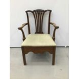 George III mahogany open elbow chair, with carved top rail and pierced splat shepherds crook arms on