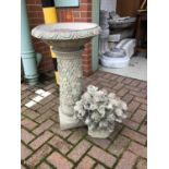 Concrete garden bird bath, together with an flower head concrete ornament