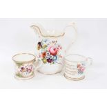 Staffordshire flower painted jug, dated 1853, and two similar mugs