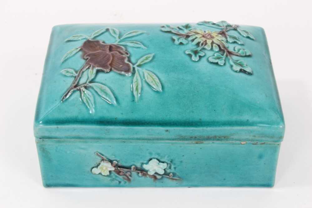 Unusual Chinese turquoise glazed porcelain box, with relief moulded floral decoration, in the style