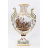 Large Dresden twin-handled porcelain vase, decorated one side with a figural scene, and on the other