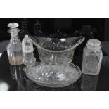 Group of early 19th century cut glass, including a three-ring decanter with mushroom stopper, a squa