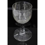 Unusual antique Georgian glass goblet, engraved 'WILLIAM STRANGE OFFICER', with etched and cut grape