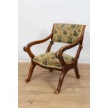 Victorian walnut metamorphic prayer chair, X- frame form, folding to become a kneeler