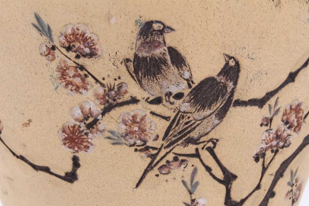 Large Chinese Republic period Yixing pottery vase, decorated with two birds perched in a blossoming - Image 6 of 11