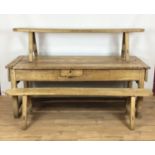18th century beech wood Auverne farmhouse kitchen table, together with two later benches