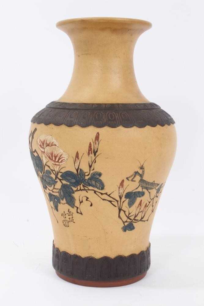 Chinese Republic period Yixing pottery vase, decorated with a praying mantis in a blossoming tree, w