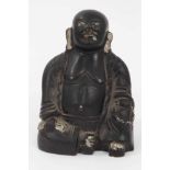 Chinese earthenware figure of Buddha, painted black with silver highlights, marked to the base, 9cm