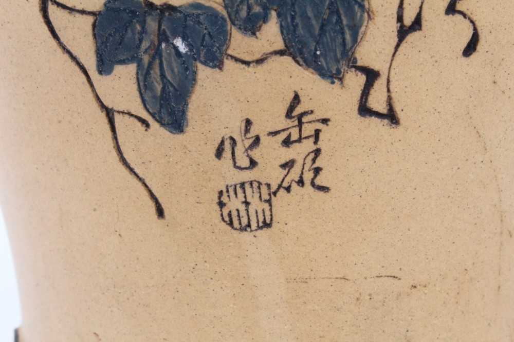 Chinese Republic period Yixing pottery vase, decorated with a praying mantis in a blossoming tree, w - Image 6 of 10