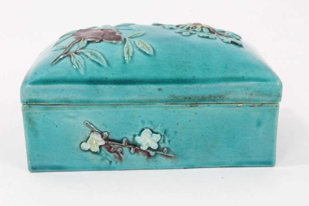 Unusual Chinese turquoise glazed porcelain box, with relief moulded floral decoration, in the style - Image 2 of 9