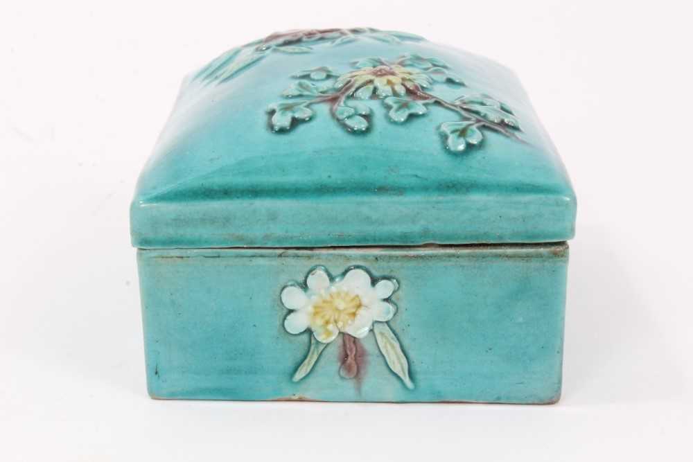 Unusual Chinese turquoise glazed porcelain box, with relief moulded floral decoration, in the style - Image 3 of 9