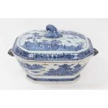 18th century Chinese blue and white export tureen, decorated with landscape scenes, 36cm across x 22