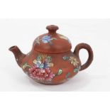 Miniature Chinese Yixing teapot, enamelled with flowers, 5cm height x 7.5cm length