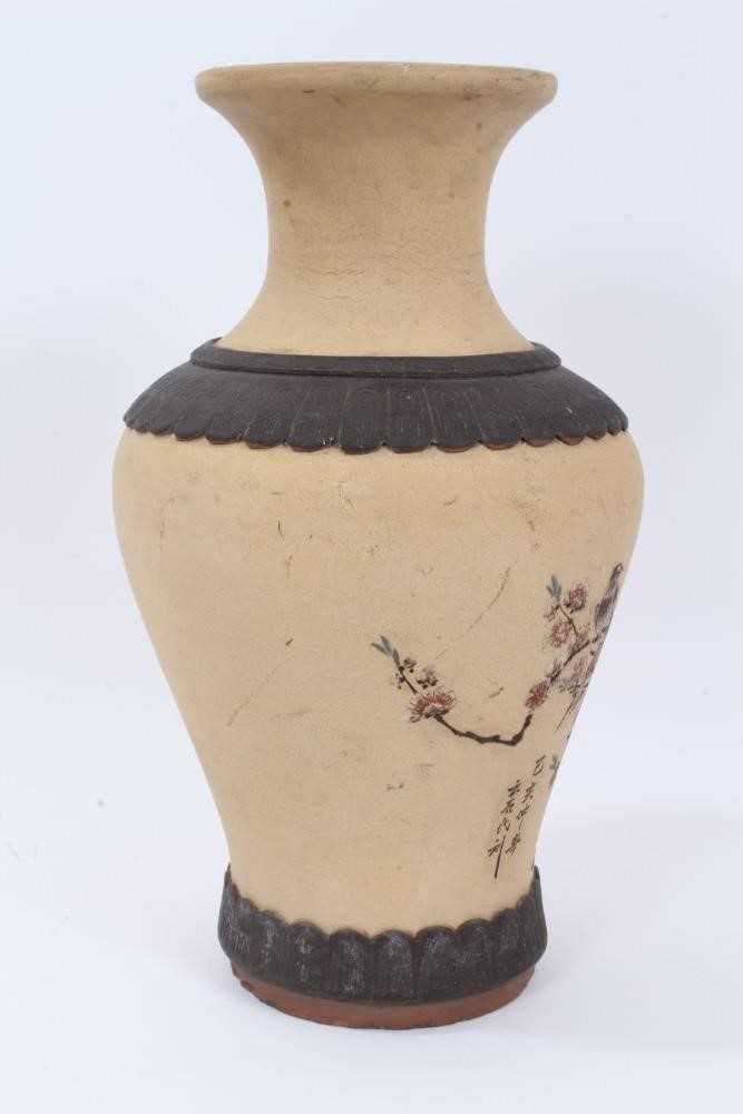 Large Chinese Republic period Yixing pottery vase, decorated with two birds perched in a blossoming - Image 4 of 11