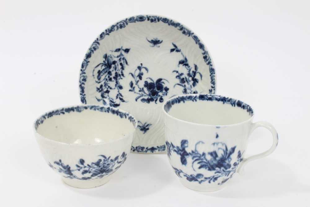 Worcester blue and white feather moulded trio, c.1760