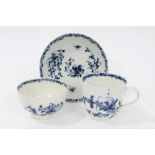 Worcester blue and white feather moulded trio, c.1760