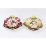 Near pair of Dresden painted porcelain lobed baskets and covers on stands