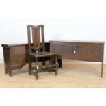 Two late 17th century oak six plank coffers together with single late 17th century side chair