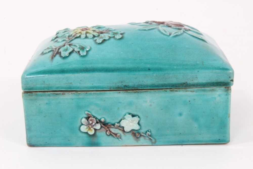 Unusual Chinese turquoise glazed porcelain box, with relief moulded floral decoration, in the style - Image 4 of 9